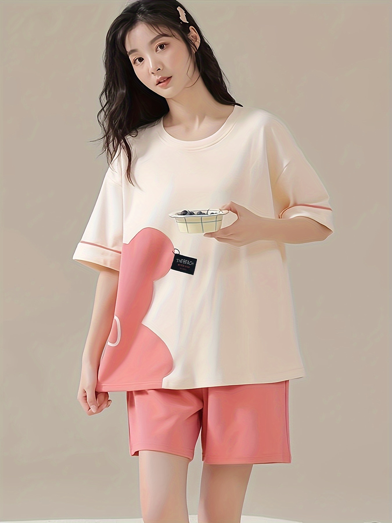 Bear Print Pajama Set Short Sleeve Crew Neck Top & Shorts