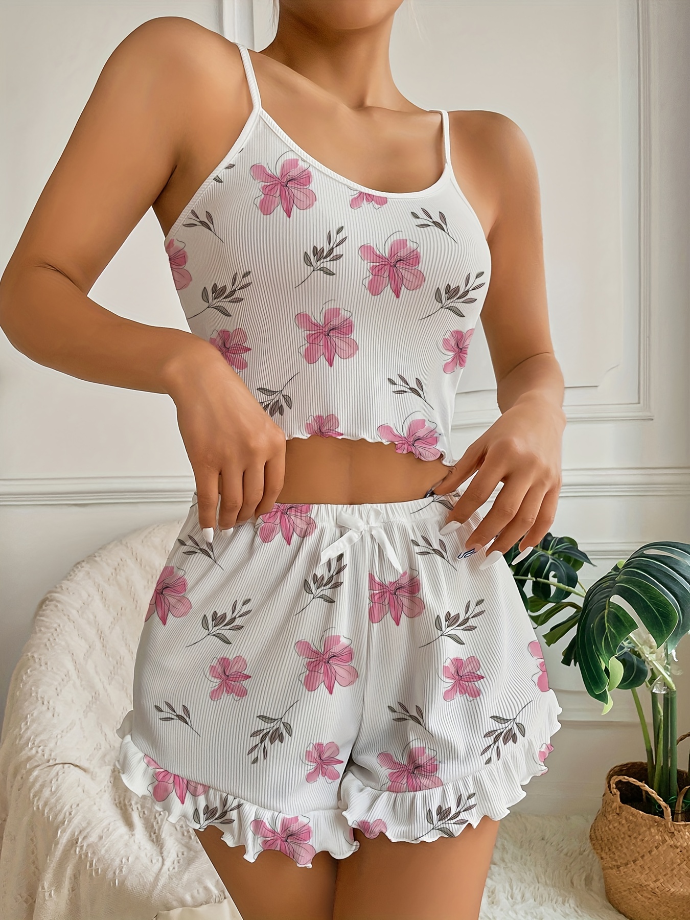 Floral Print Ruffles Pajamas Set Comfort Casual Cami Top Temu