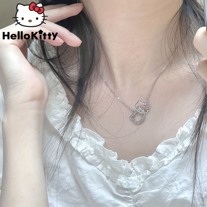 Y2K Hello Kitty Necklace Choker Chain Alloy Silver Crystals Female Bracelet Pendant Sanrio Collar Women Jewelry Gift Girls Toy, Women's, Size: One