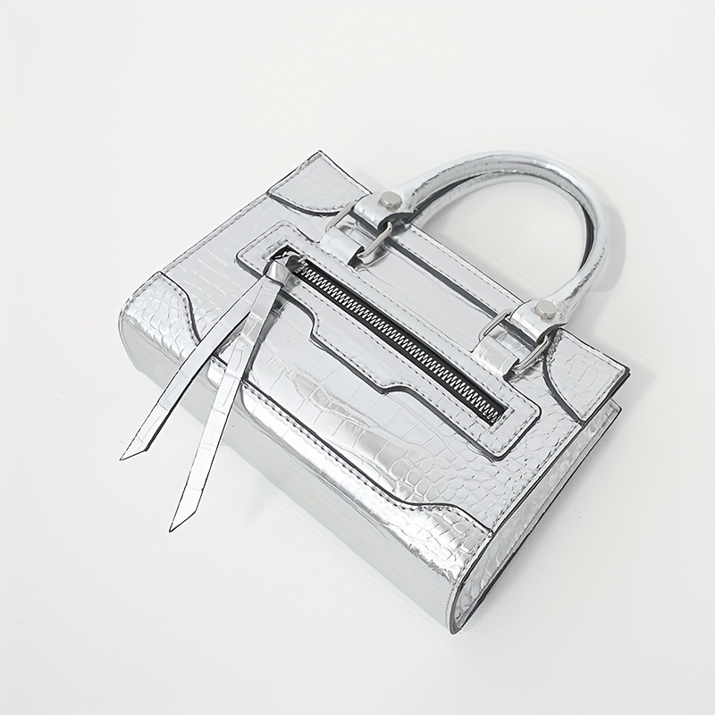 mini niche silver crocodile pattern shoulder bag top handle satchel bag for women novelty faux leather handbag