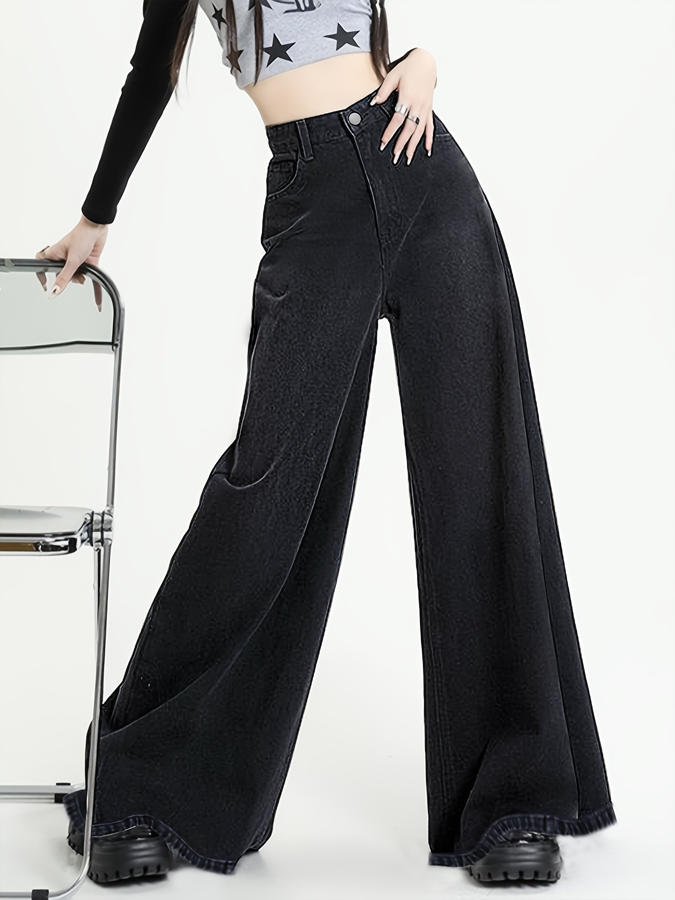 Womens Casual Wide-Leg Pants Loose Palazzo Flared Cotton Blend Baggy  Trousers