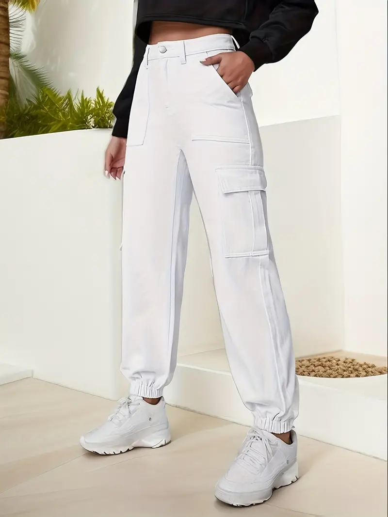White Flap Pockets Cargo Pants, Non-Stretch Straight Legs Versatile Jogger  Pants, Women's Denim Jeans & Clothing