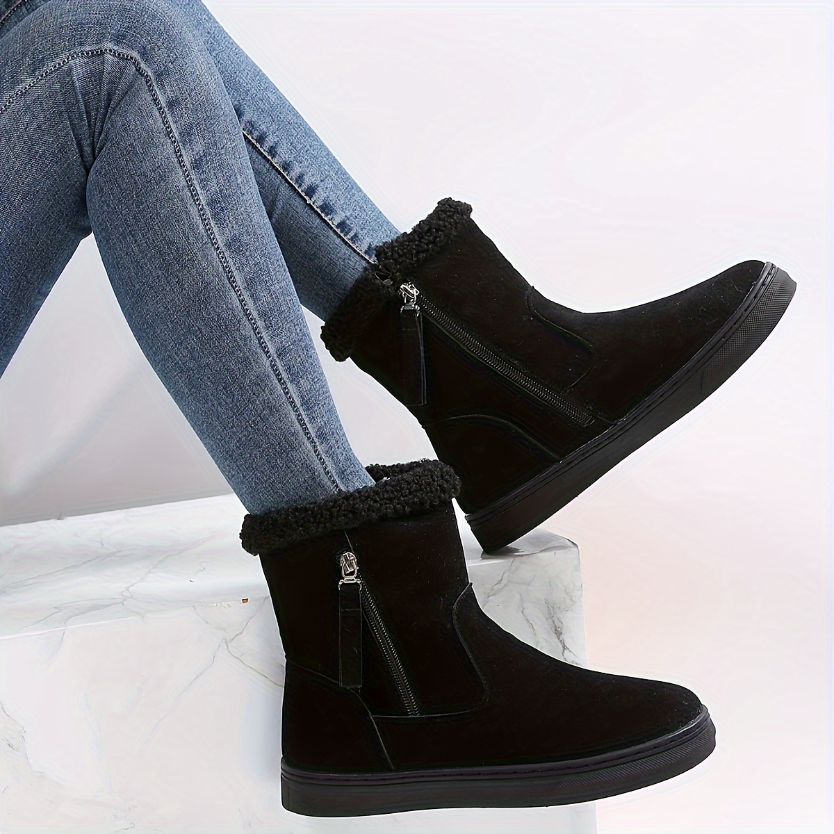 Side Zipper Solid Color Suede Flat Thermal Snow Boots Fall Temu