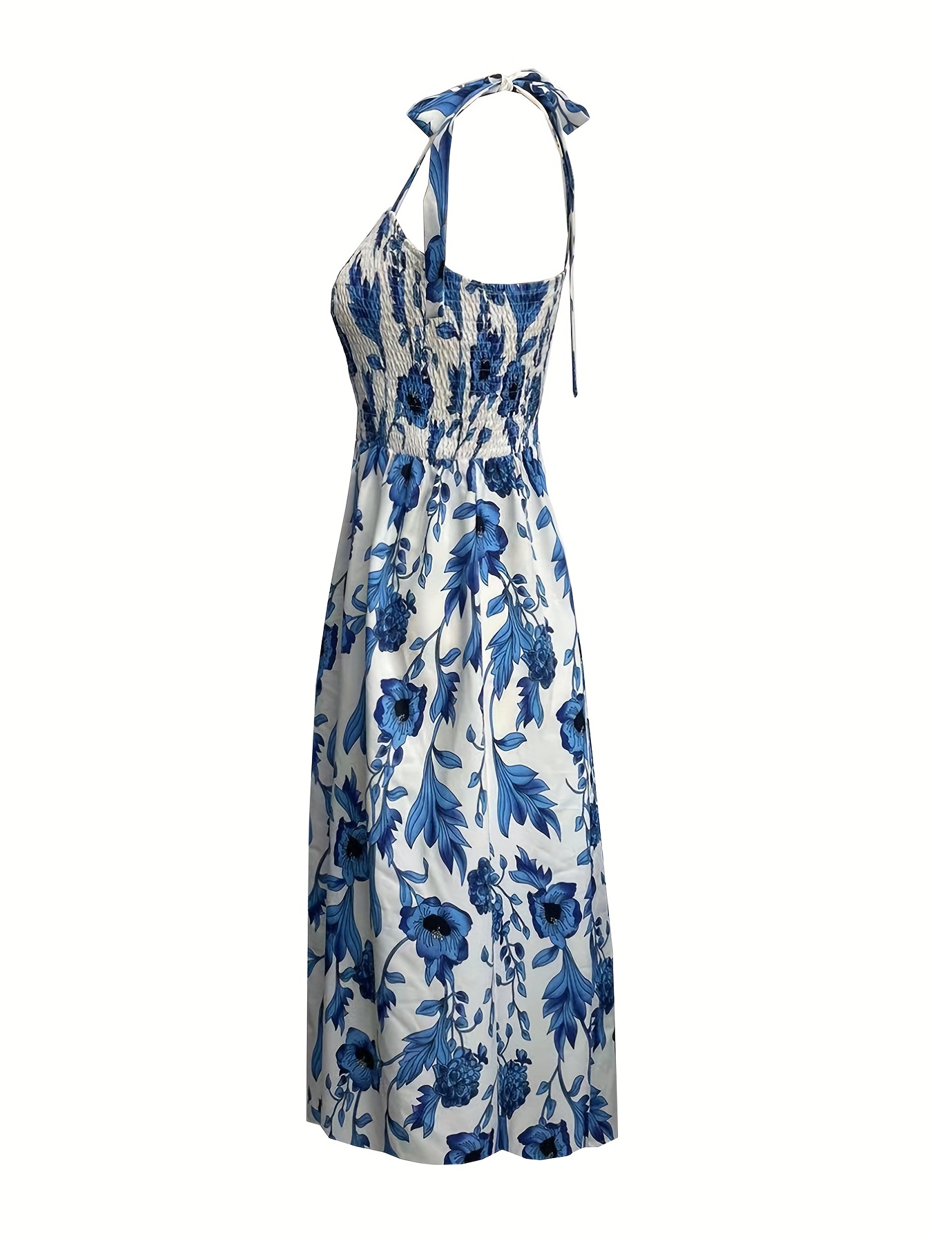 floral print strap shirred dress vacation wear sleeveless dress for summer womens clothing
