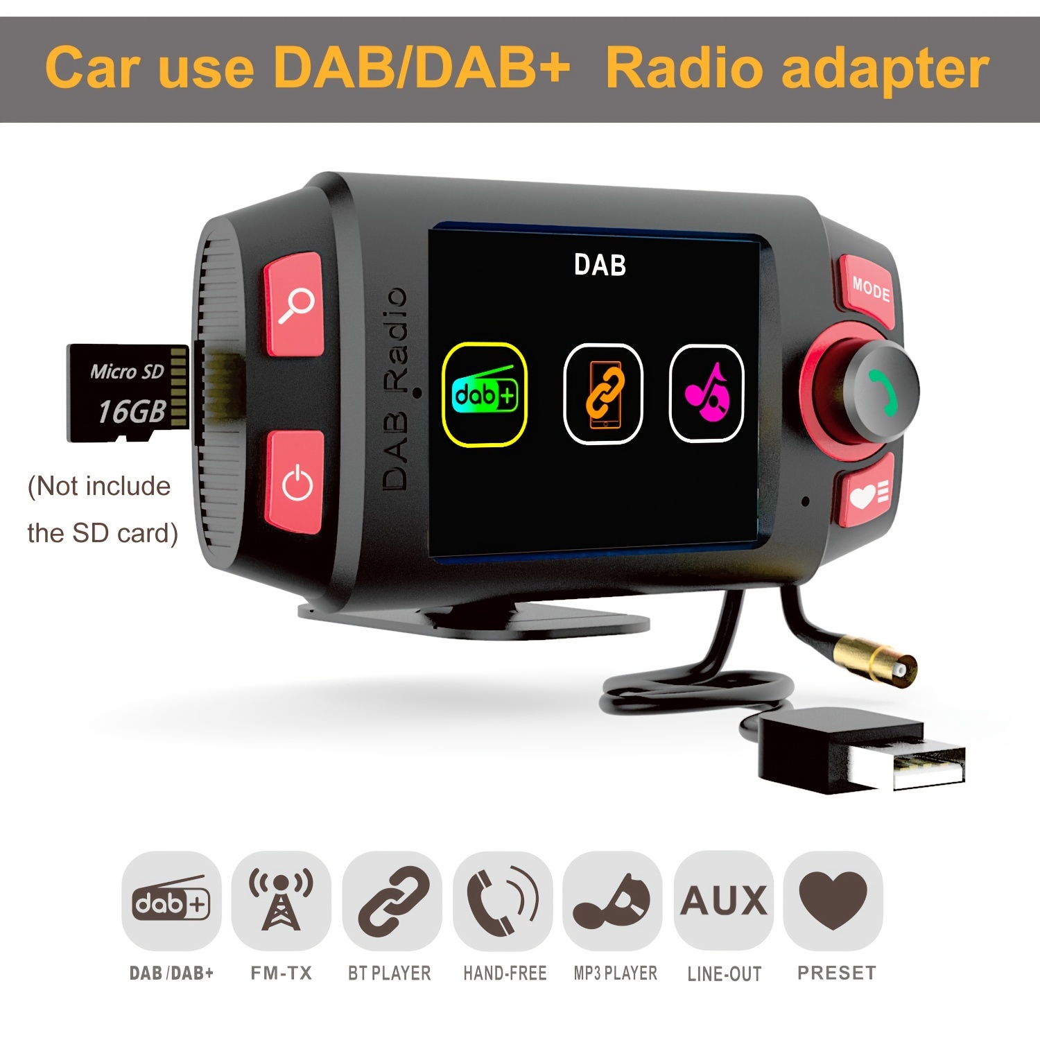 2.4 Inch Colorful Display Car DAB+/DAB Radio Adapter FM Transmitter,with BT  Hands-free And Music Playback Car Kit Mp3 Player Car Use DAB Radio Receive