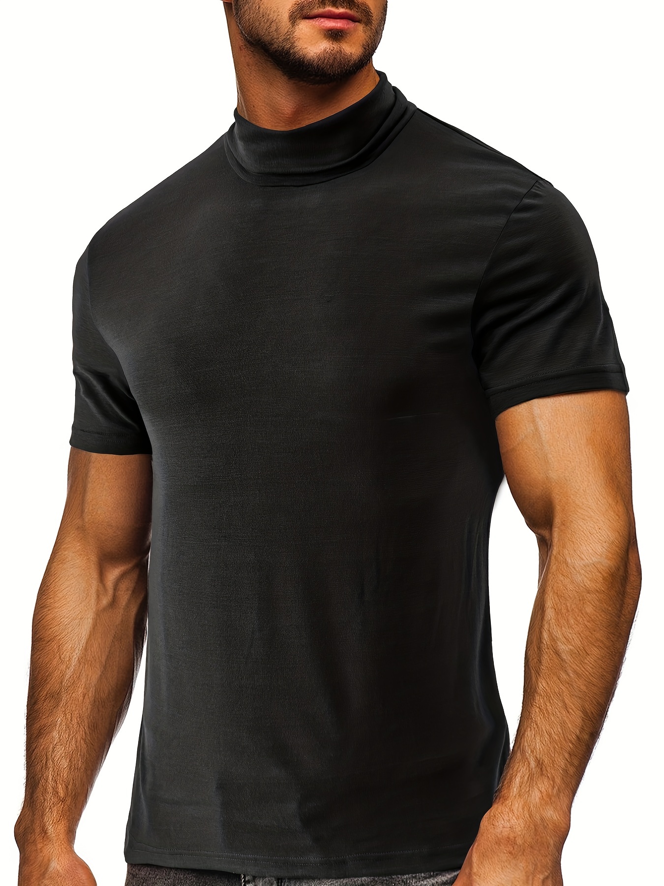 Camiseta Cuello Alto Manga Corta Sólida Casual Hombres - Temu