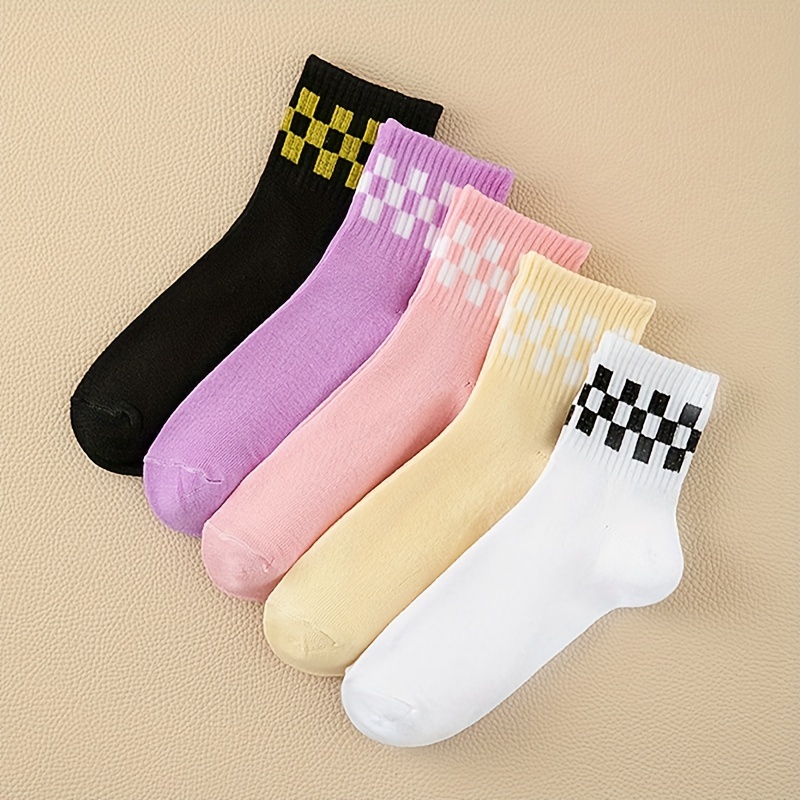 

5 Pairs Checkered Pattern Socks, Breathable & Comfy Ribbed Mid Tube Socks, Women's Stockings & Hosiery
