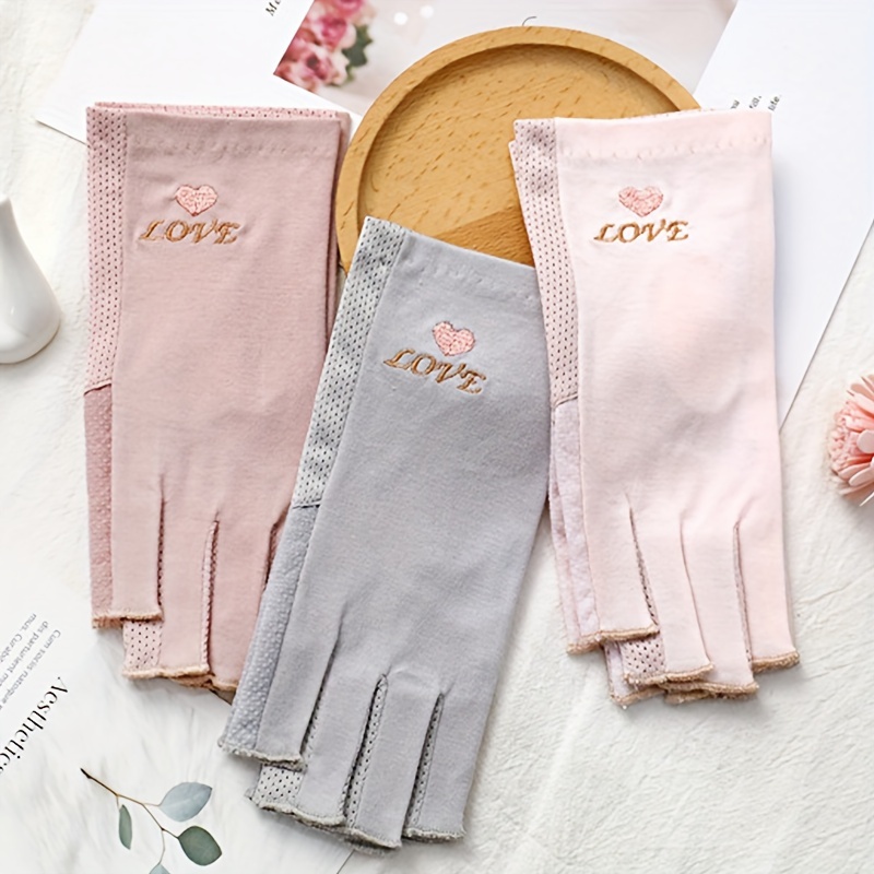 Bear Love Heart Embroidered Gloves Solid Color Breathable Touchscreen  Gloves Summer UV Protection Driving Gloves For Women