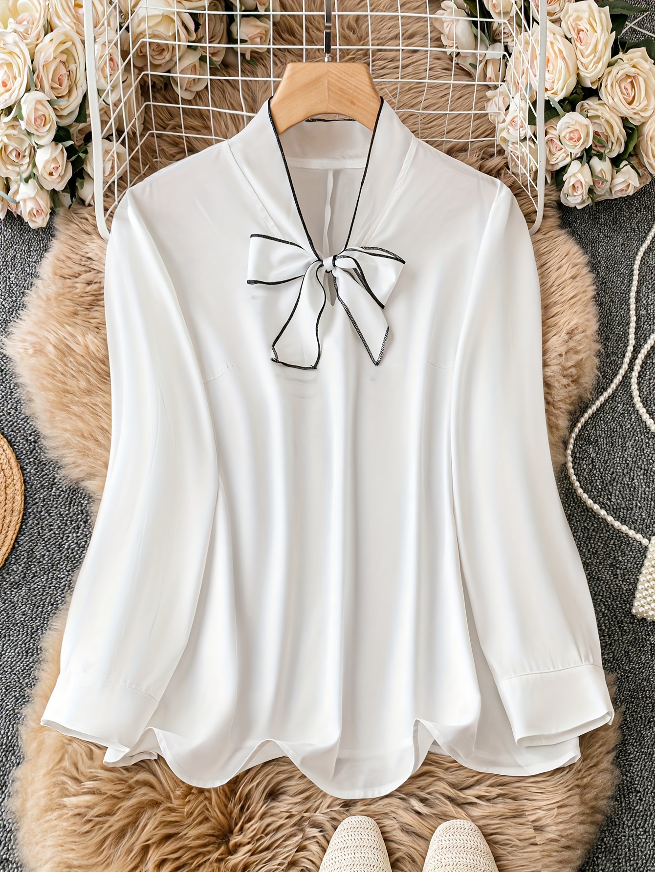 Elegant Bow Tie Neck Blouses V neck Casual Long Sleeve - Temu Canada