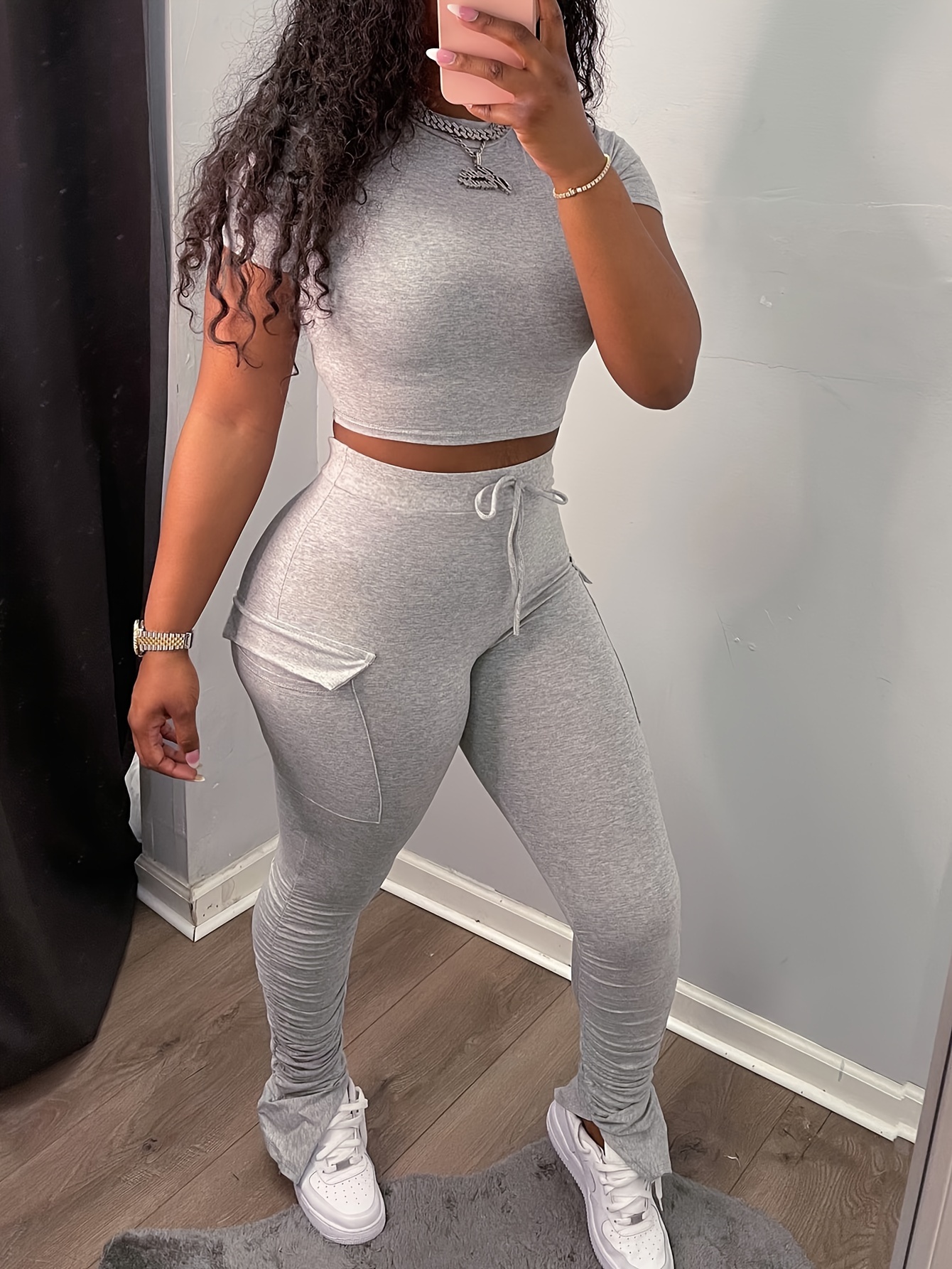 Casual Sporty Two-piece Set, Zip Up Crop Top & Elastic Waist Sweatpants  Outfits, Women's Clothing