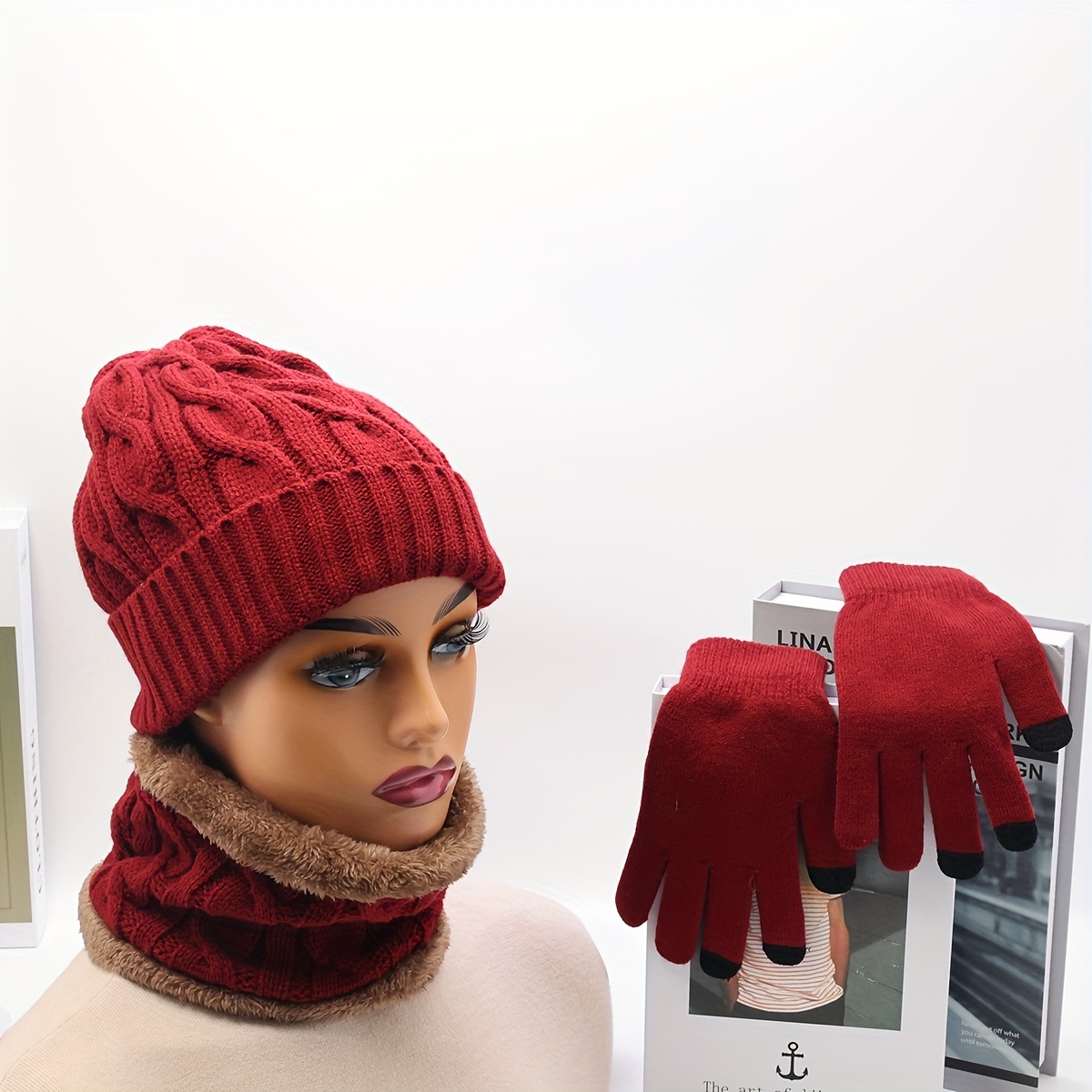 Ensemble écharpe-gants pour femme, bonnet tricoté trois pièces