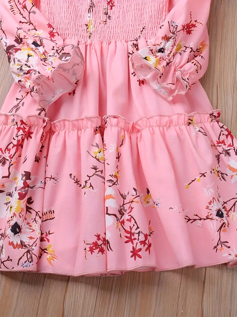 girls shirred flowers print long sleeve dress kids party holiday dress summer casual a line dresses details 4