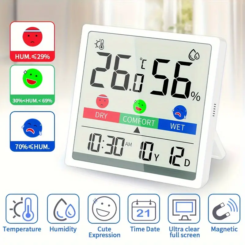 Indoor Digital Thermometer Hygrometer 4″ Lcd Screen / Time - Temu