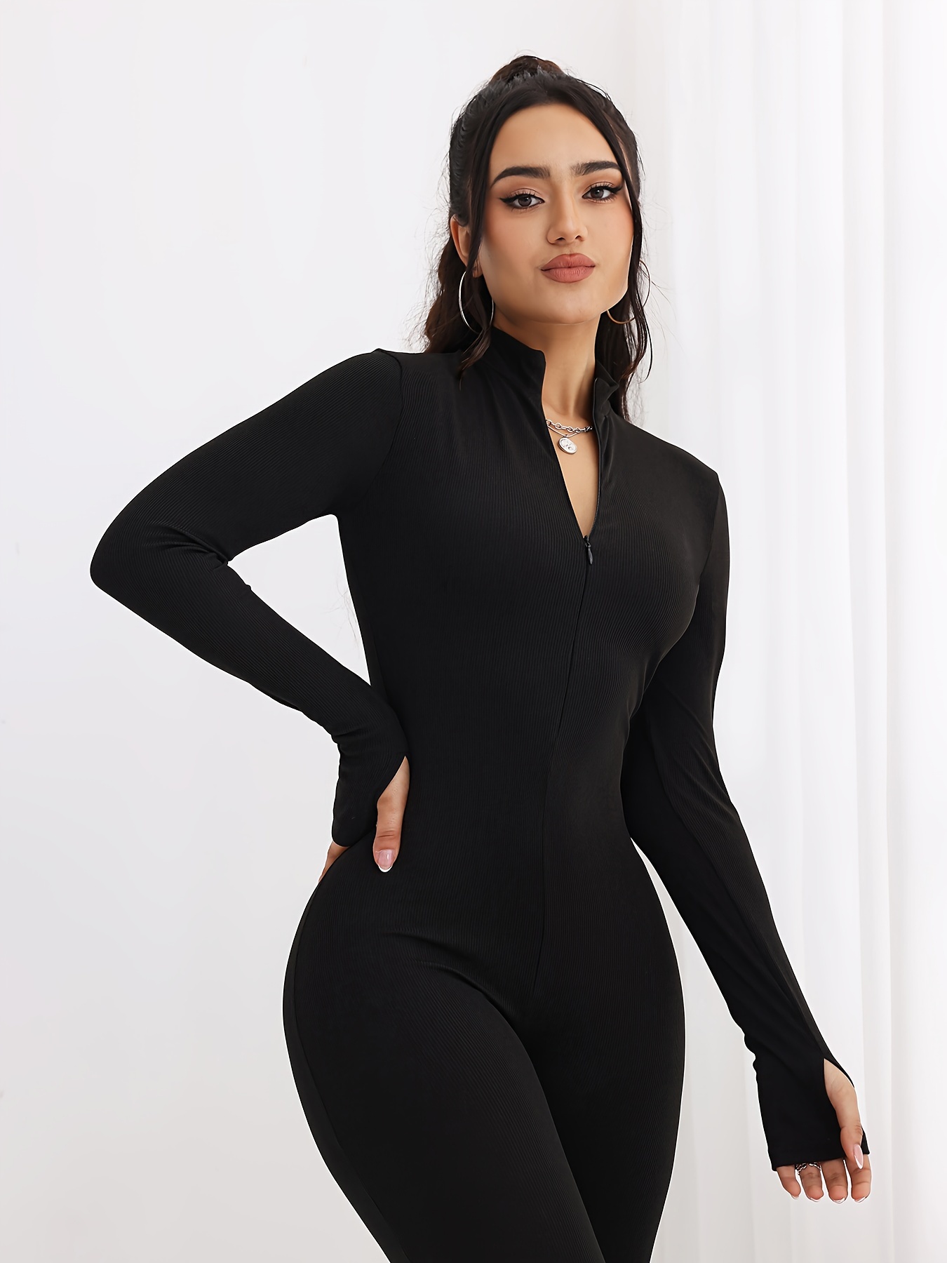 Women Pants Suits Formal Women's Yoga Sets Tight-Fitting Solid Color  Long-Sleeved Leisure Yoga Spring (Black-`, XL), Black-`, X-Large