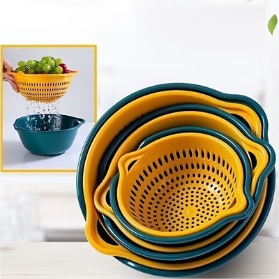 6pcs Household Drain Basket Set, Plastic Double Layered Kitchen Food Strainer Fruits Vegetable Washing Basket, Stackable Drain Bowls For Cleaning Washing