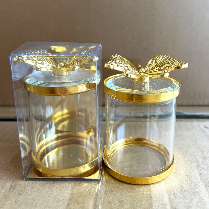 

1pc Transparent Glass Candy Jar, Candy Snack Chocolate Box, With Golden Butterfly Lid, Clear Glass Candy Jar, For Home Restaurant Cafe Shop, Table Decorations