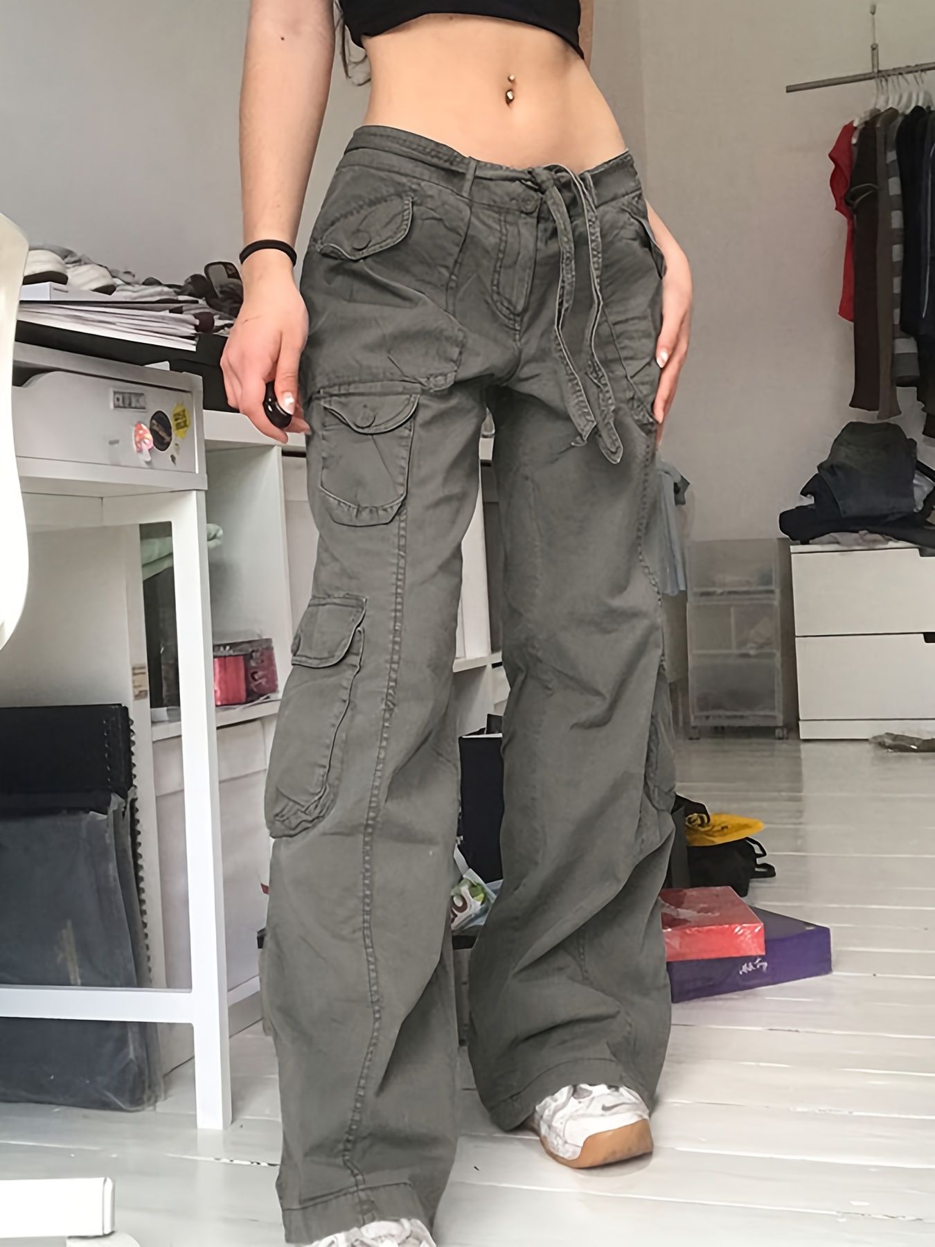 Flap Pockets Flare Leg Pants Casual Button Skinny Belt Cargo - Temu