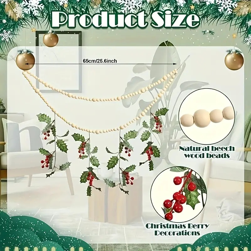 1pc, Red Berry Christmas Garland Ornaments Wooden Bead Garland Boho Room  Decor Mistletoe Decoration Fireplace Garland Decoration For Indoor Outdoor  Ch