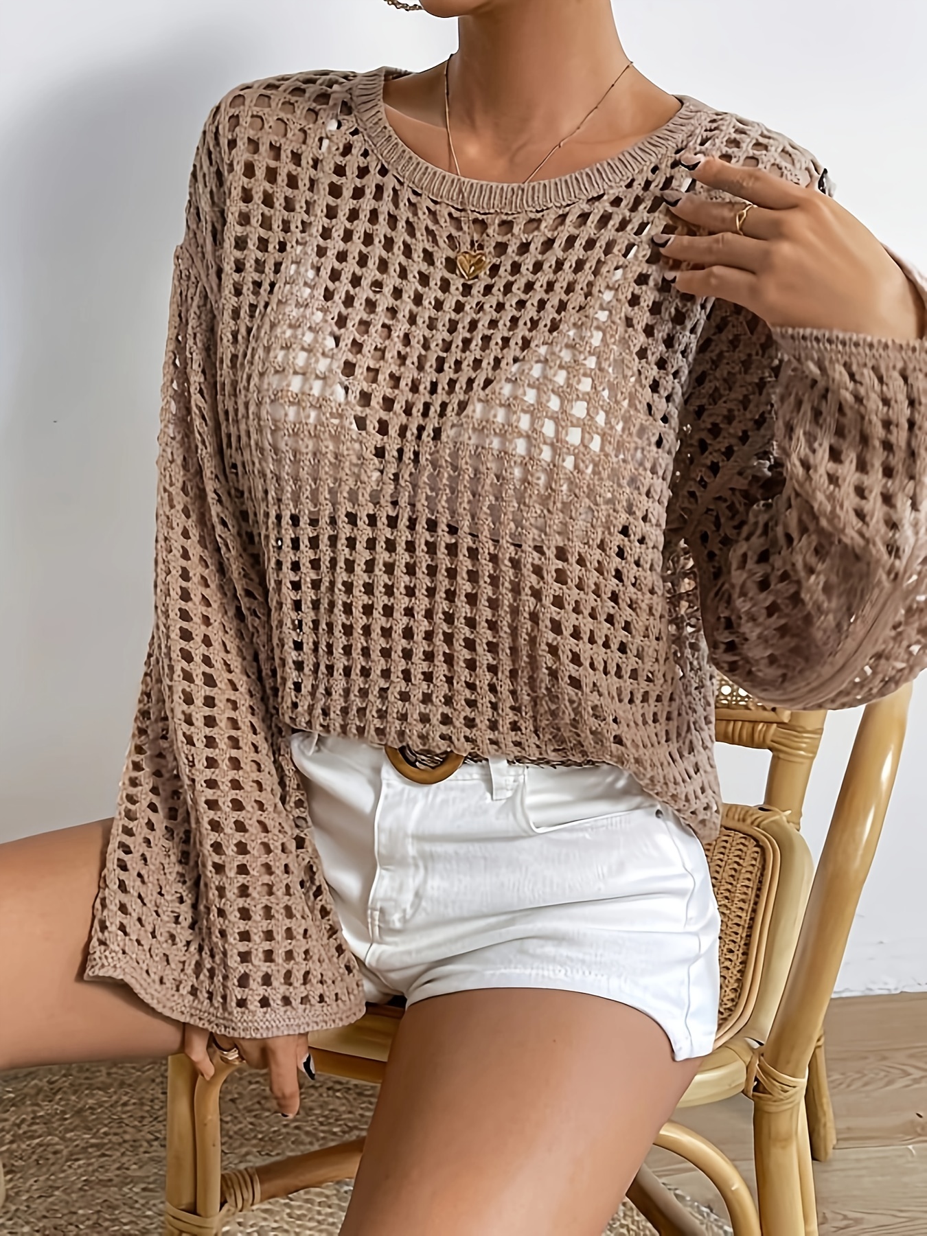 Crochet Crop Tank Top, Elegant V-neck Sleeveless Tan Top, Women's Clothing