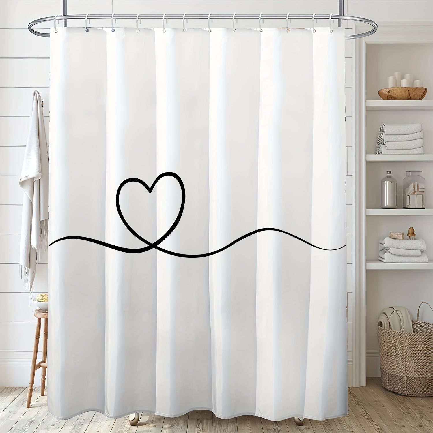 

1pc Waterproof White Love Shower Curtain With 12 Hooks - Perfect Bathroom Decor And Window Covering