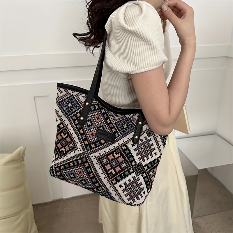Classic Geometric Print Handbag, Luxury Crossbody Bag for Women, Fashion Office & Work Purse,Temu