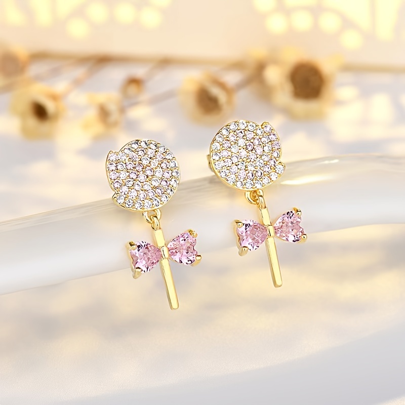 New Cute Bow Dangle Earrings for Girls Gold Color with Crystal Heart CZ  Delicate Womens Versatile Fashion Jewelry