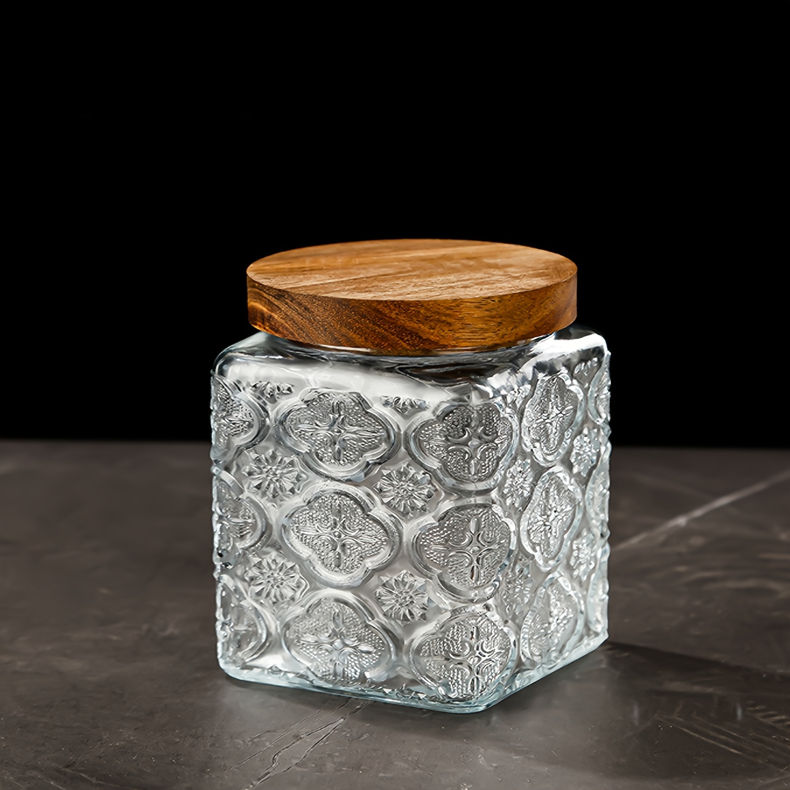 コランダムスクエアガラス保存瓶1個 蓋付きキャンディジャー 気密木製 