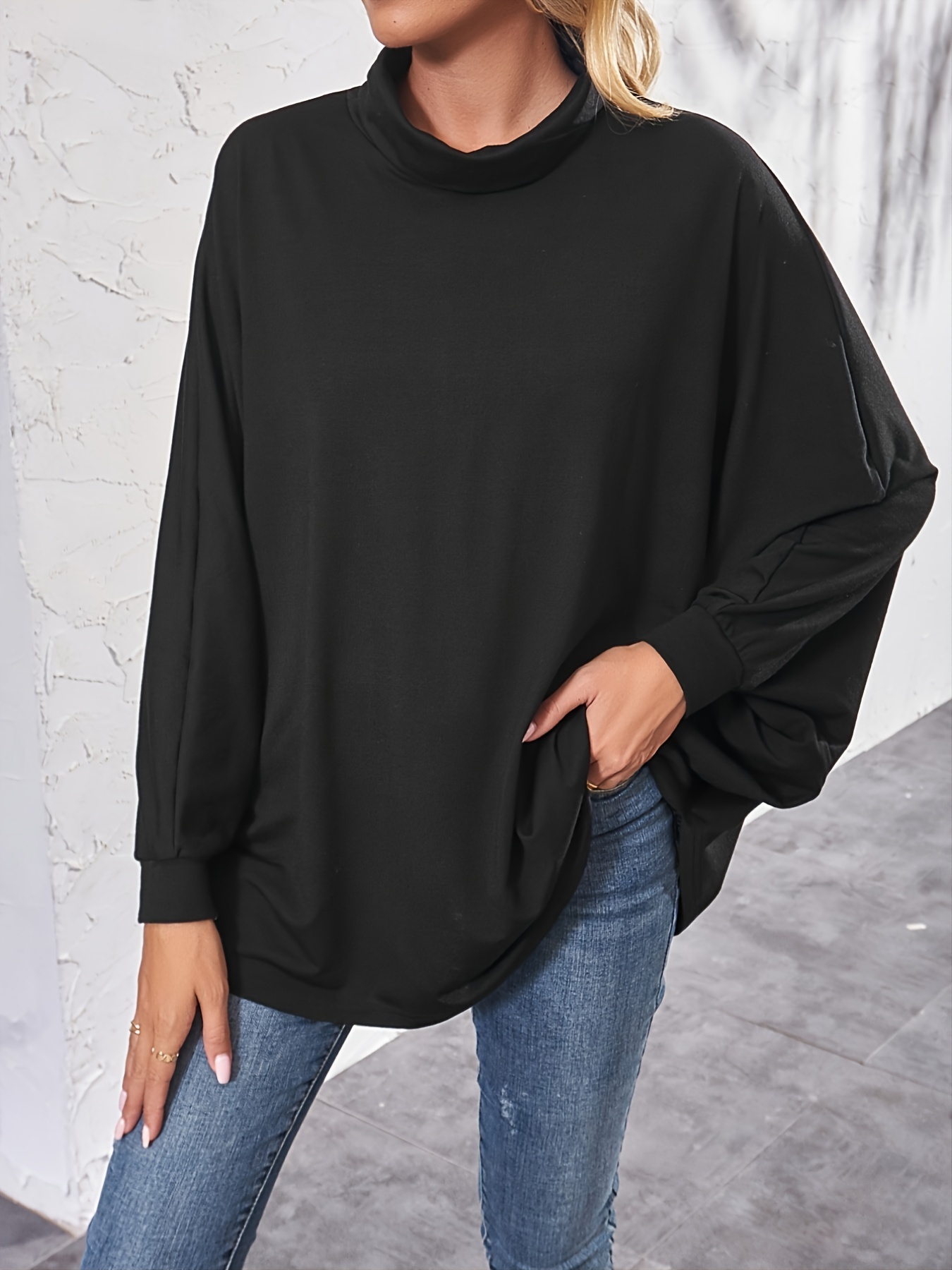Solid Dolman Sleeve T-shirt, High Neck Casual Every Day Top For