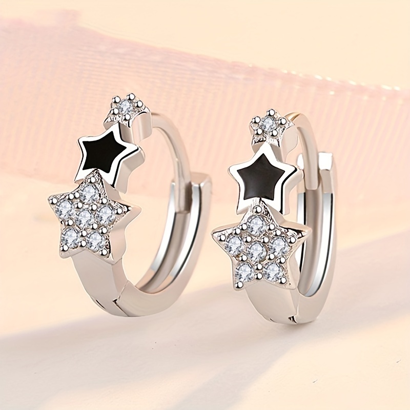 

Design With Shiny Zirconia Decor Hoop Earrings Elegant Minimalist Style Silver Plated Jewelry Daily Casual