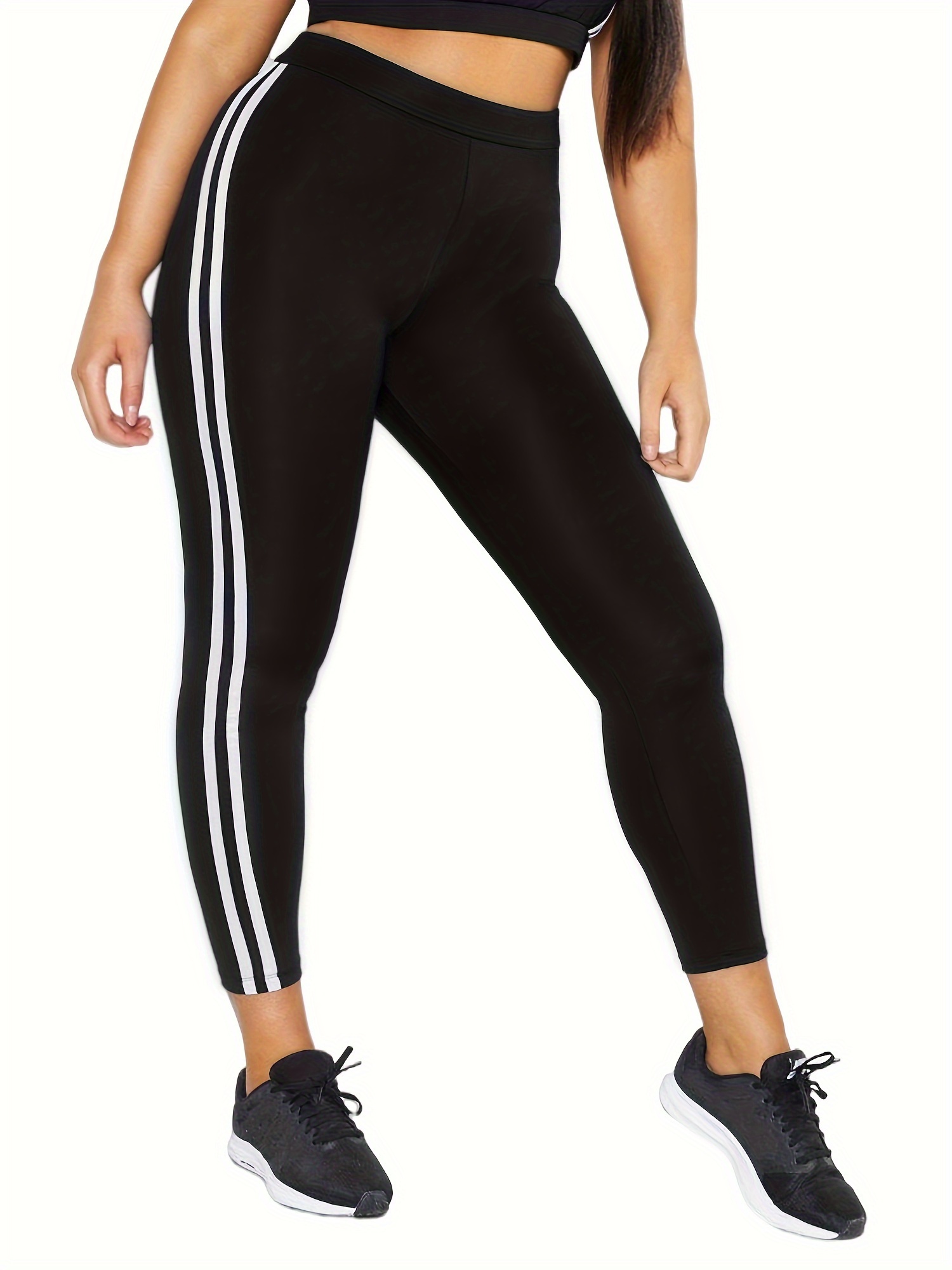 Plus Size Sports Leggings, Women's Plus Stripe Print Wide Band Waist High  Stretch Leggings – NORTHLAKECAMERACLUB