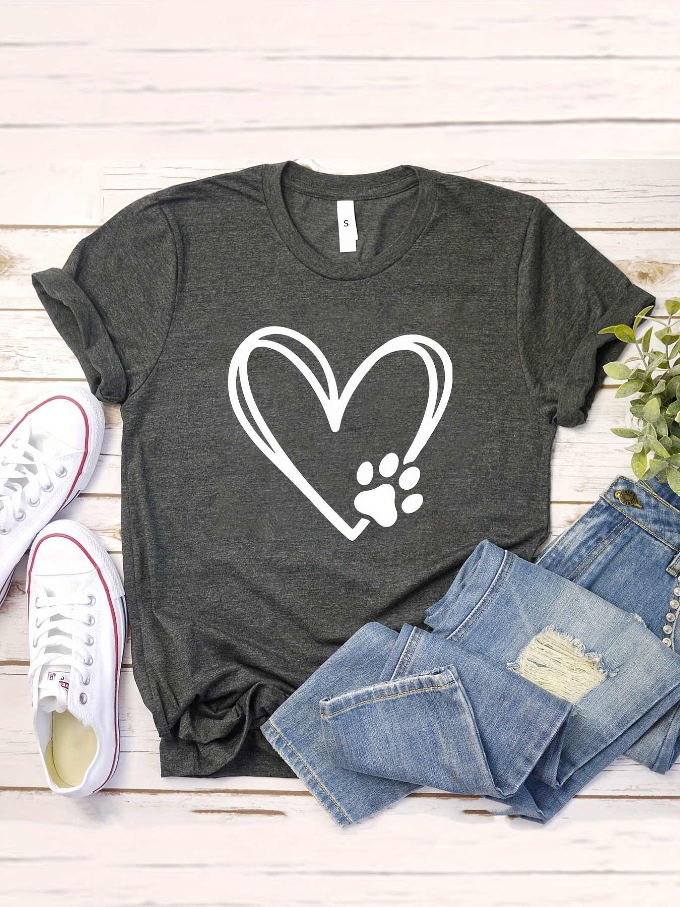 Dog Paw Heart Print T shirt Short Sleeve Crew Neck Casual - Temu