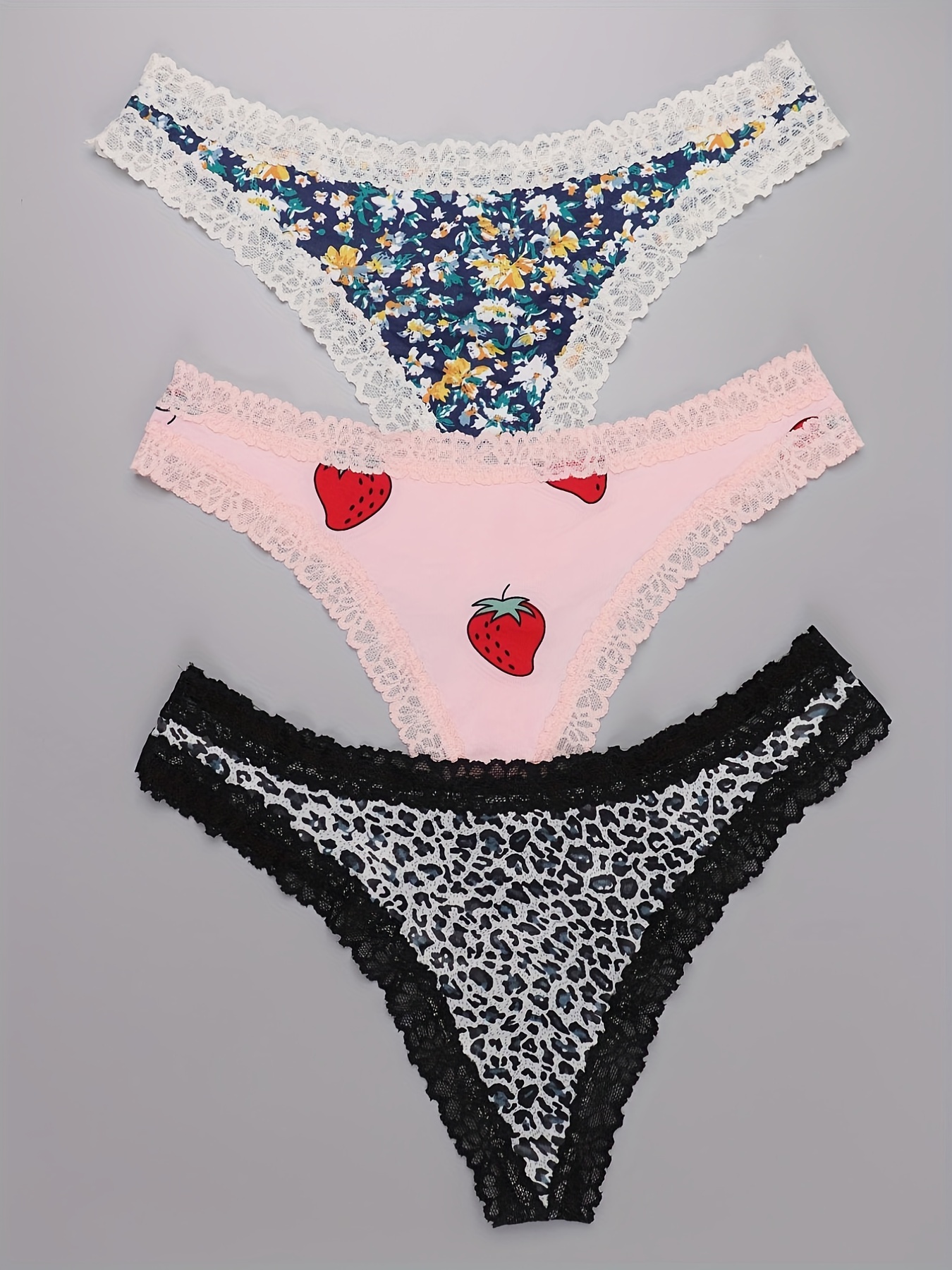3 Pack Plus Size Cute Underwear Set, Women's Plus Leopard & Strawberry &  Ditsy Floral Print Contrast Lace Trim Thongs Three Piece Set