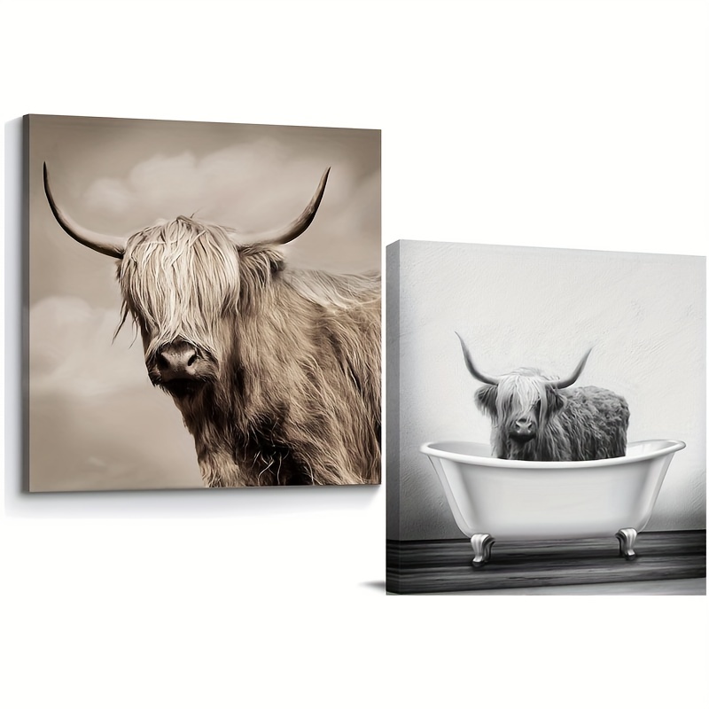 Highland Cattle Canvas Wall Art: Farmyard Animals Picture Painting, Sepia,  Farm, Cow, Print Art, For Bedroom Living Room Kitchen Decor, Without Frame  Temu