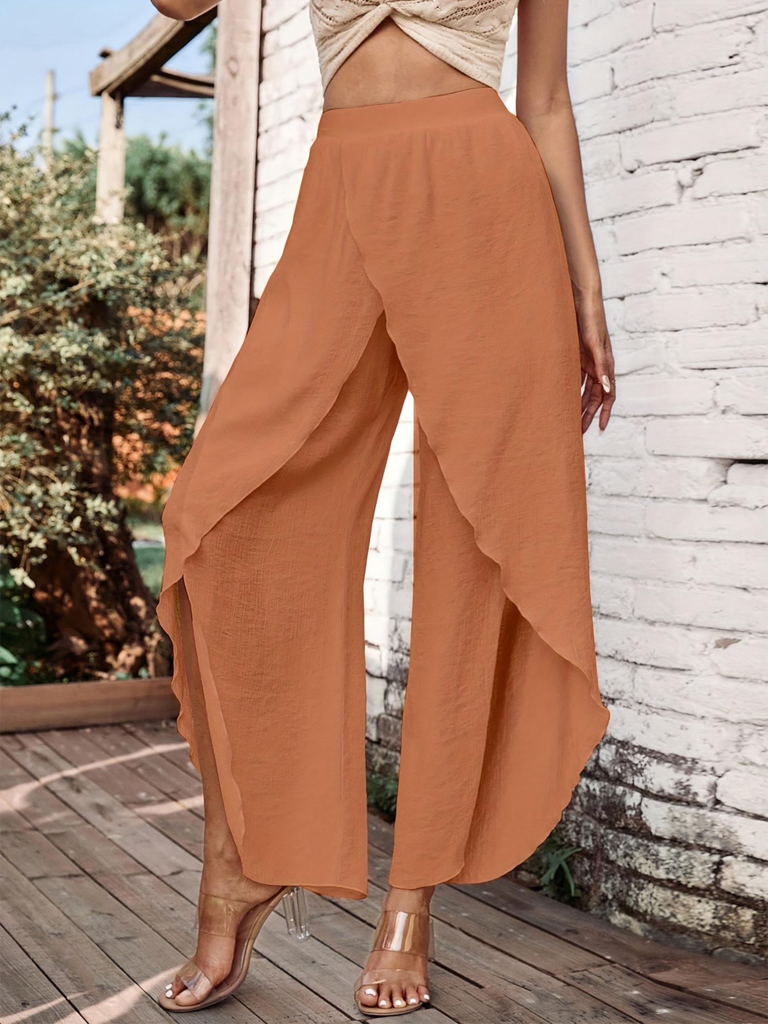 Side Slit Wide Leg Pants, Solid High Waist Casual Pants For Spring &  Summer, Women's Clothing