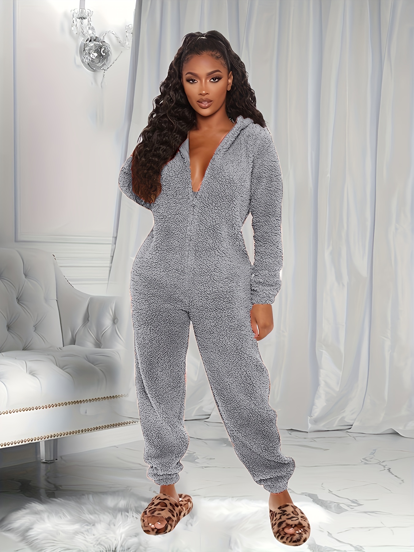 Solid Hooded Fuzzy Pajama Jumpsuit Carnaval Comfy Long - Temu Austria