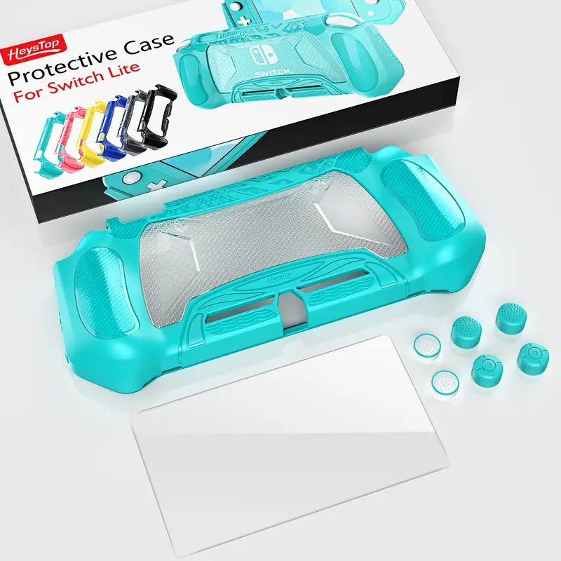 for switch lite case cover for switch lite protective case with game card storage tempered glass screen protector and thumb grip switch lite grip case anti scratch non slip case turquoise details 7