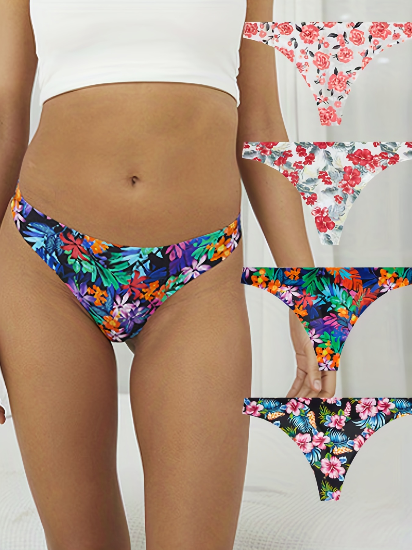 4pcs Floral Print Cheeky Panties Comfy Seamless Intimates - Temu Portugal