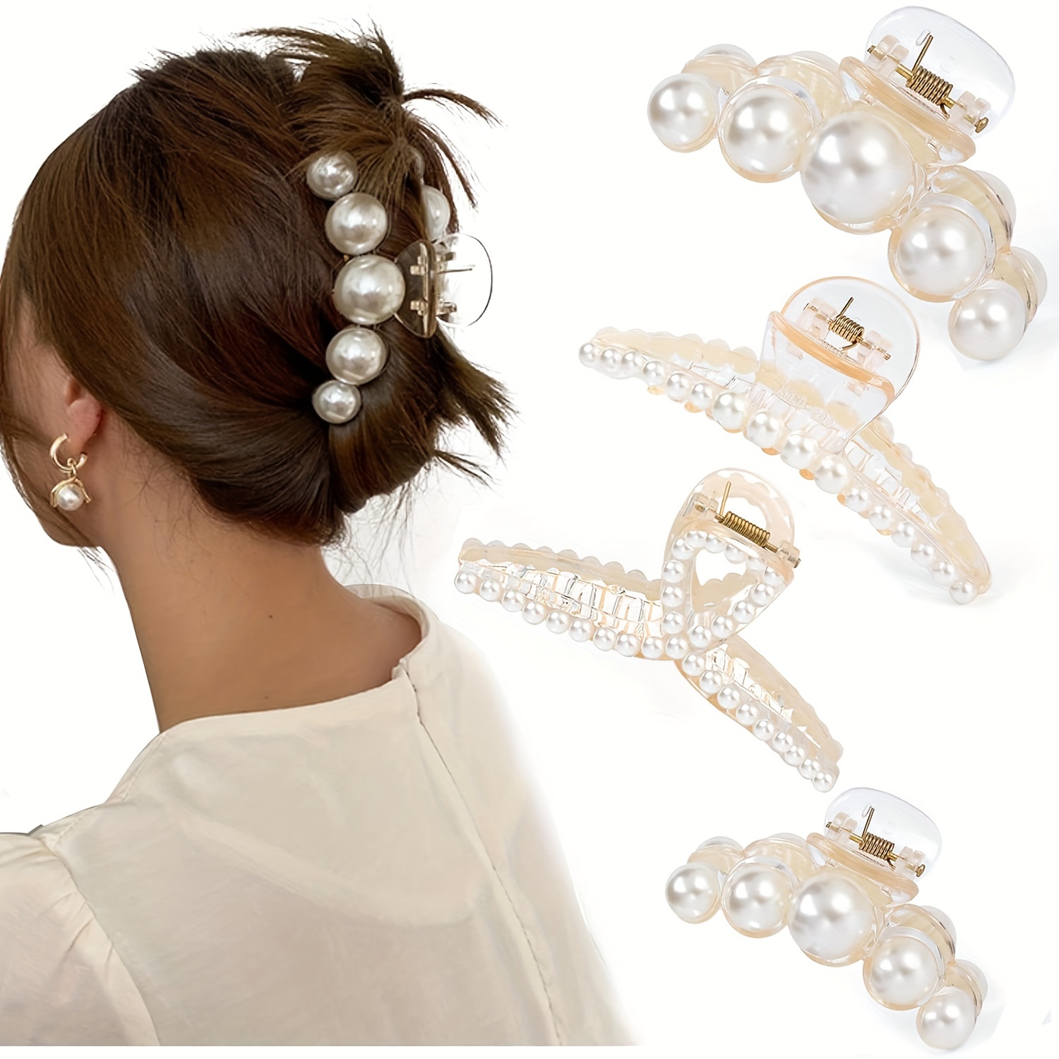 

4 Pcs Faux Pearl Hair Claw Clips For Women, Hair Barrette Clamps For Thick Thin Hair, Fashion Hair Accessories Headwear Styling Tools For Party Wedding