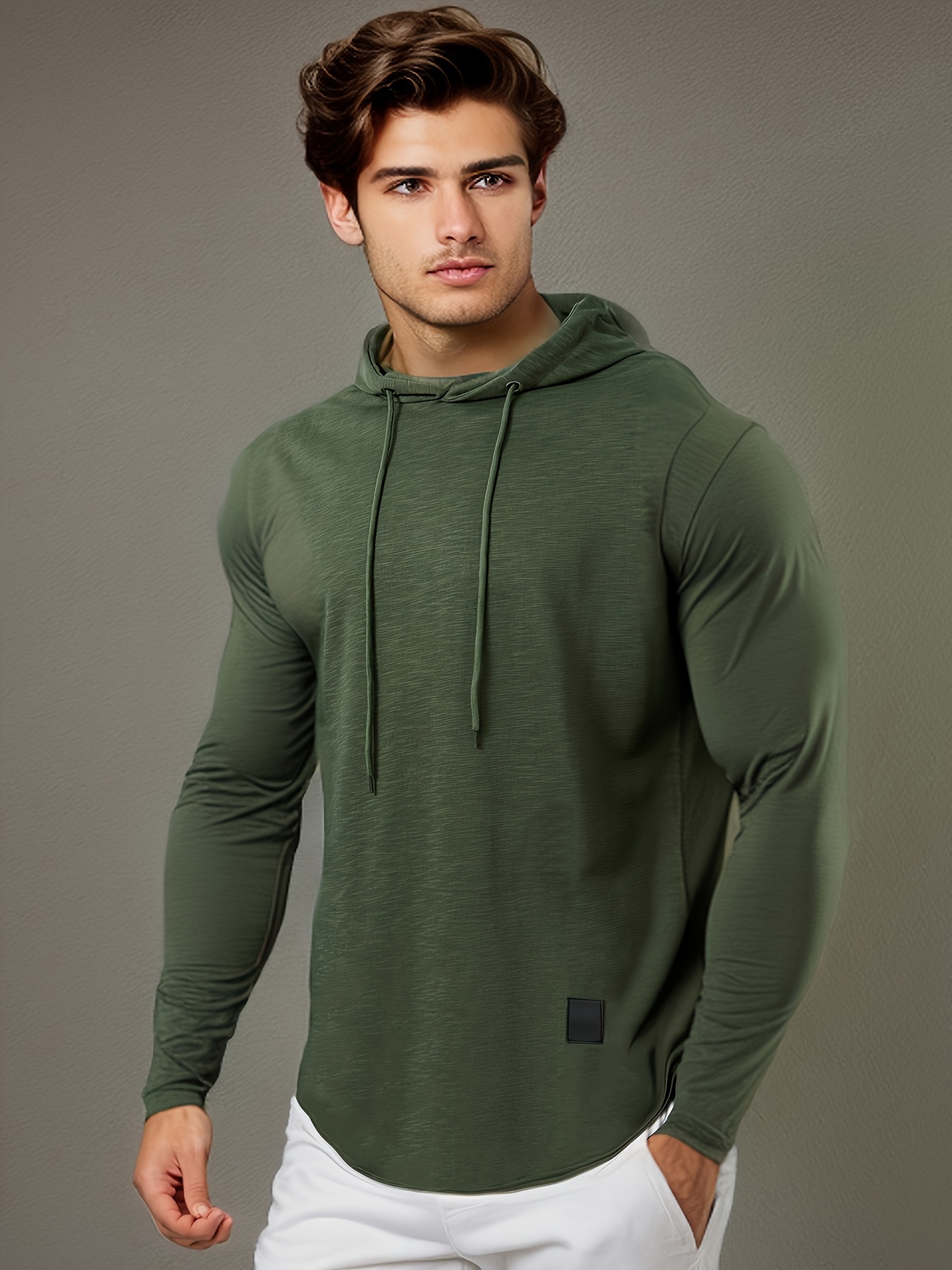 Men's Solid Color Curved Hem Drawstring Hooded Sweatshirt - Temu Canada