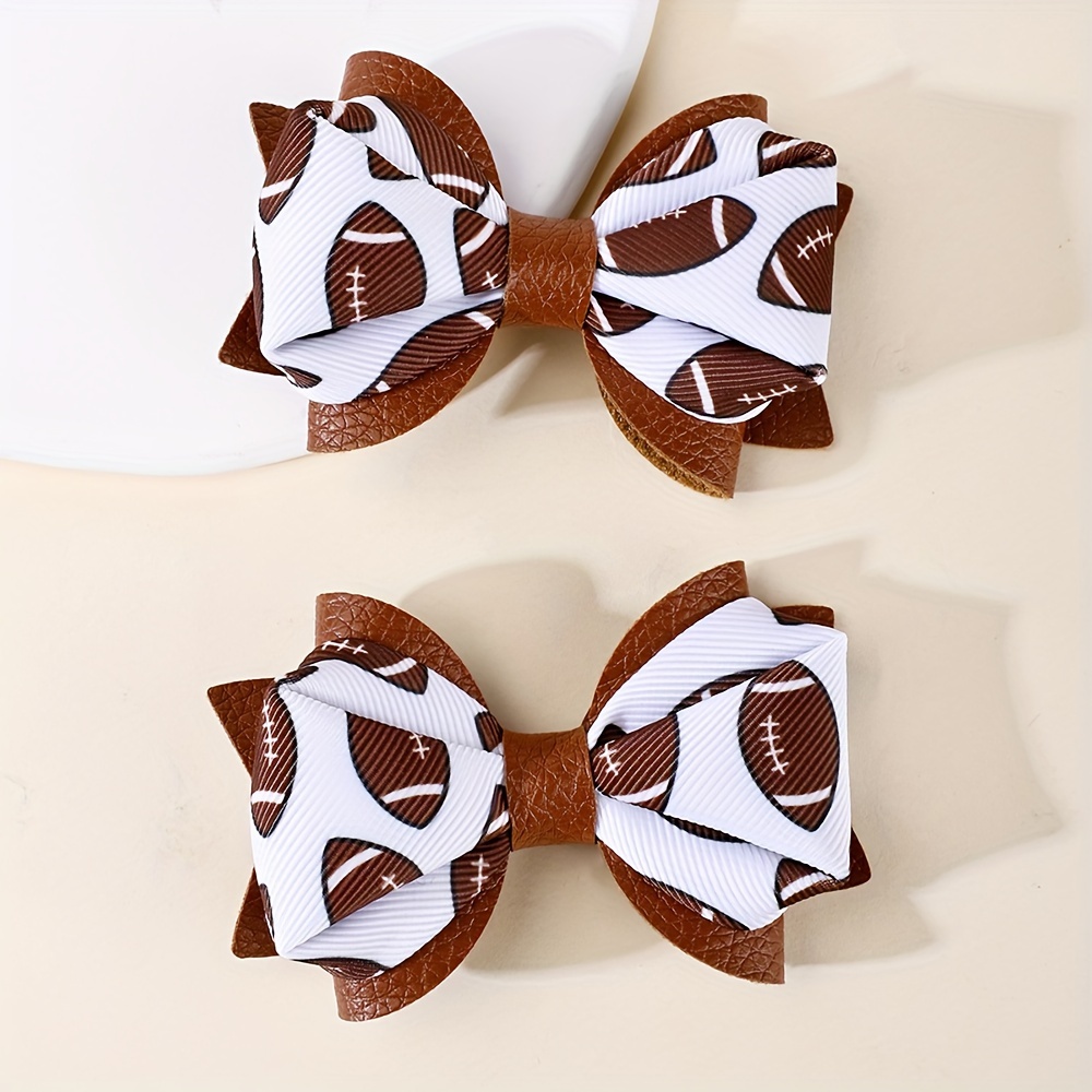 

2pcs Little Girls Rugby Bow Hair Clips, Rugby Pattern Bow Hair Clips, Sport Hair Accessories For Little Girls