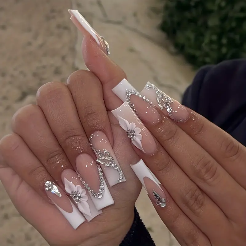 Glossy Long Square Fake Nails White