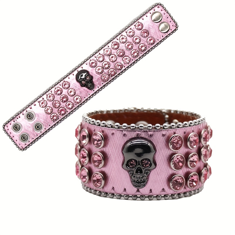 Gothic Skull Rhinestone Bracelet Bangle For Men Women Rock Hip Hop Pu  Leather Punk Accessories Halloween Holiday Gift - Temu