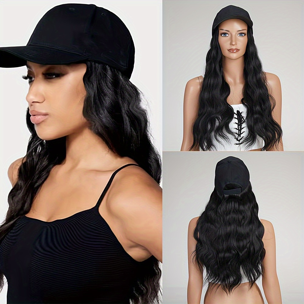 Gorra de béisbol con extensiones de cabello para mujer, gorra negra  ajustable unida con peluca sintética, 24 pulgadas de largo, cabello  ondulado negro