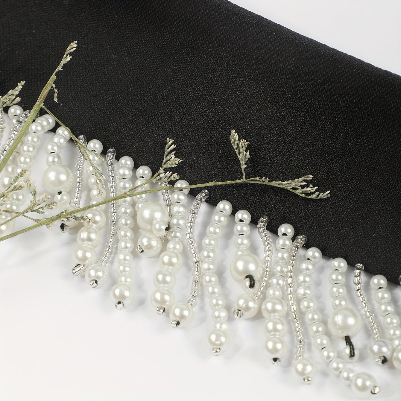 Pearl Embellished Long Golden Tassel Lace Choker Necklet