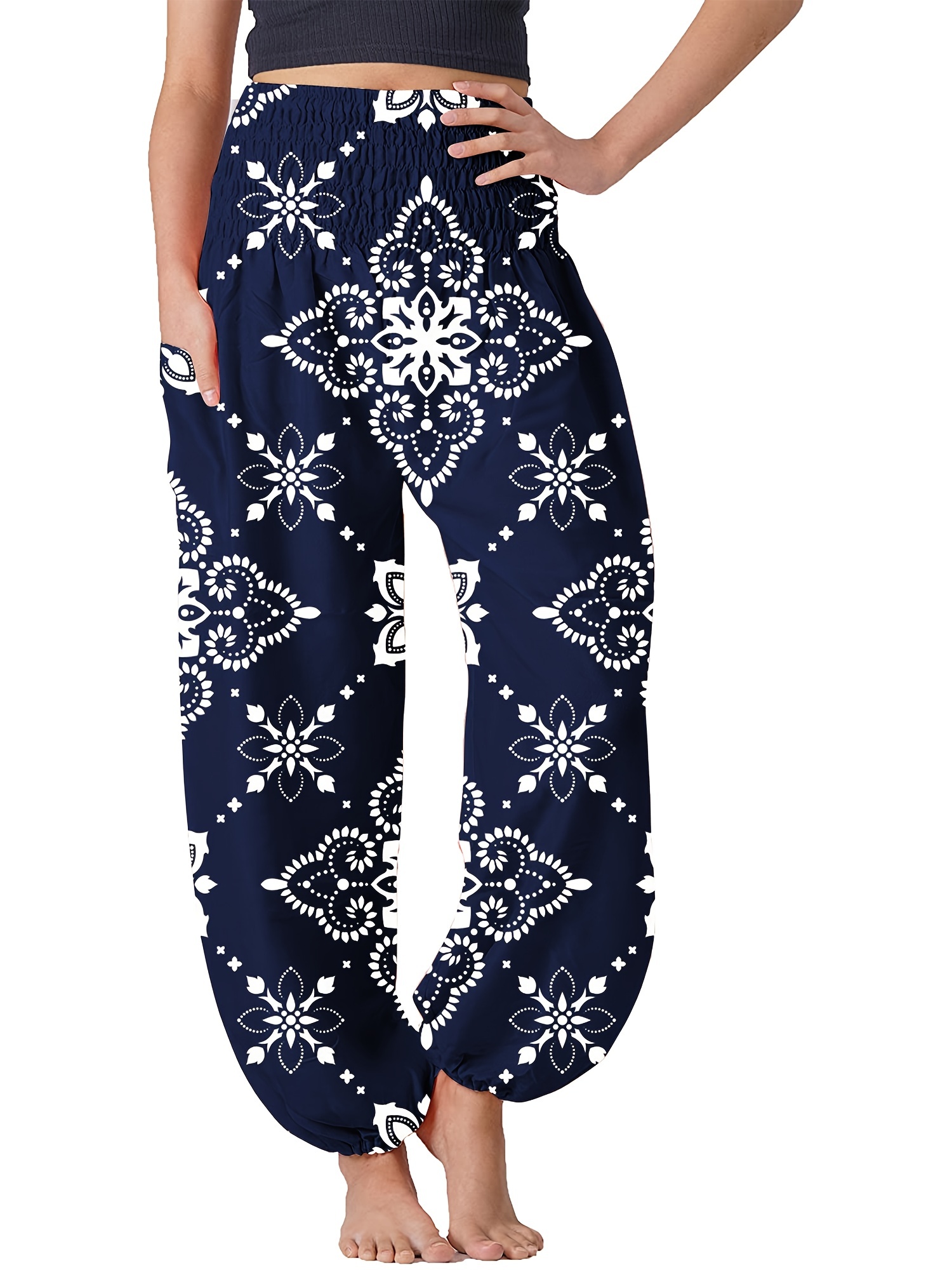 Women's Floral Print Elastic Pants High Waist Wide Leg Pants - Temu