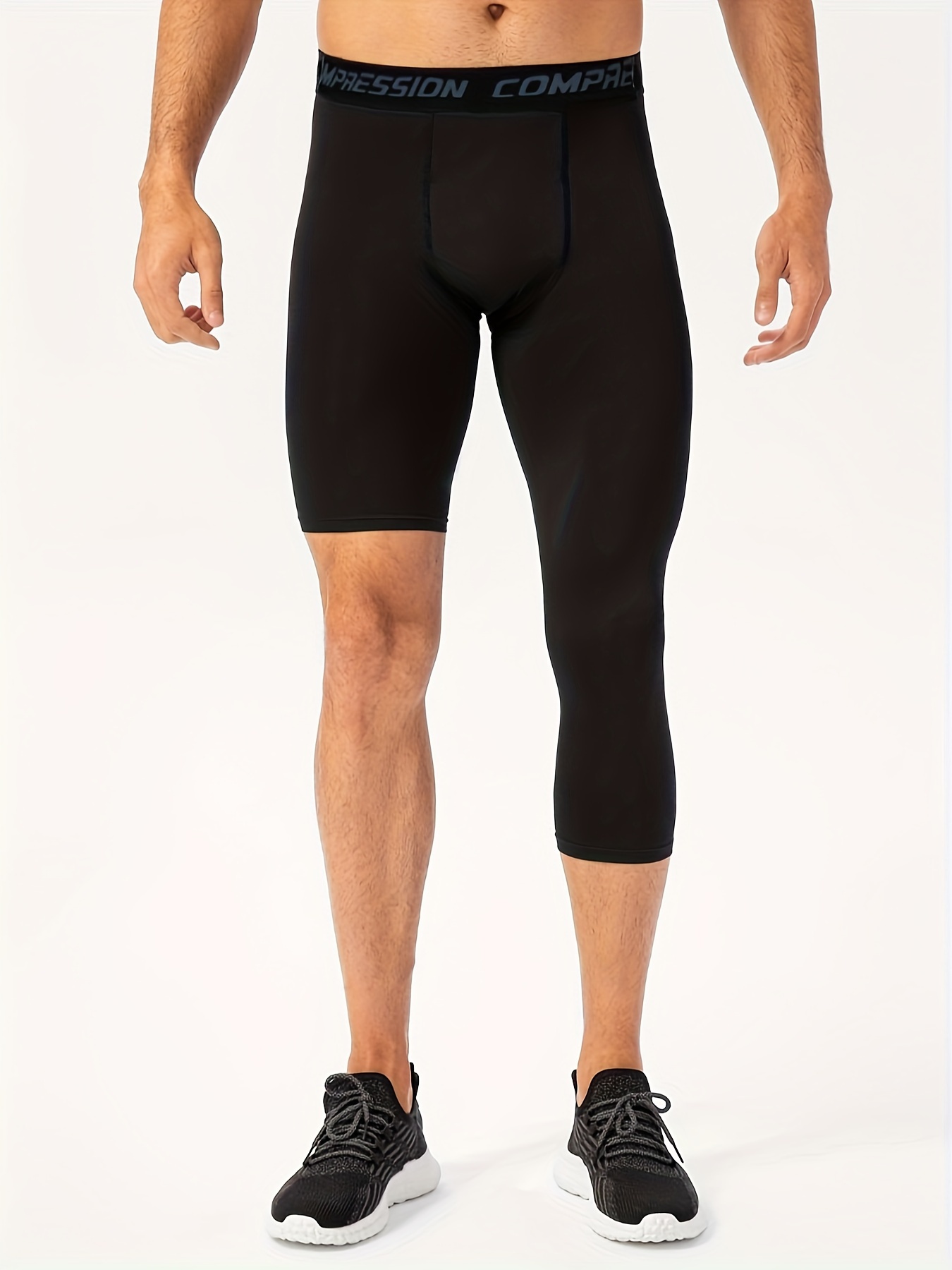  Short Half Mens Compression Pants One Leg 3/4 Length Capri Running  Tights Leggings Workout Athletic Base Layer For Basketball White
