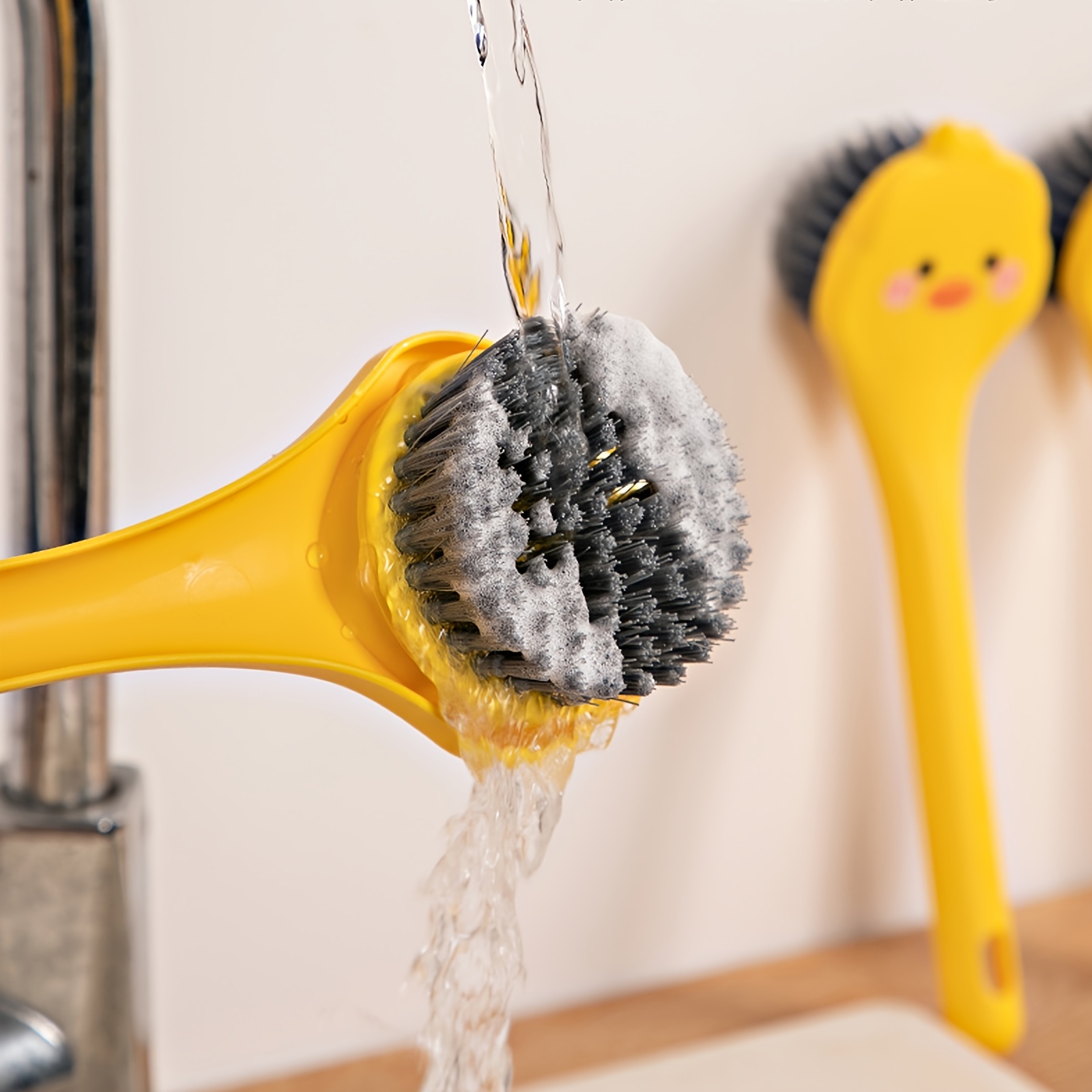 Yellow Duck Dish Brush Handle Built-in Scraper, Scrub Brush For Pans, Pots,  Kitchen Sink Cleaning - Temu