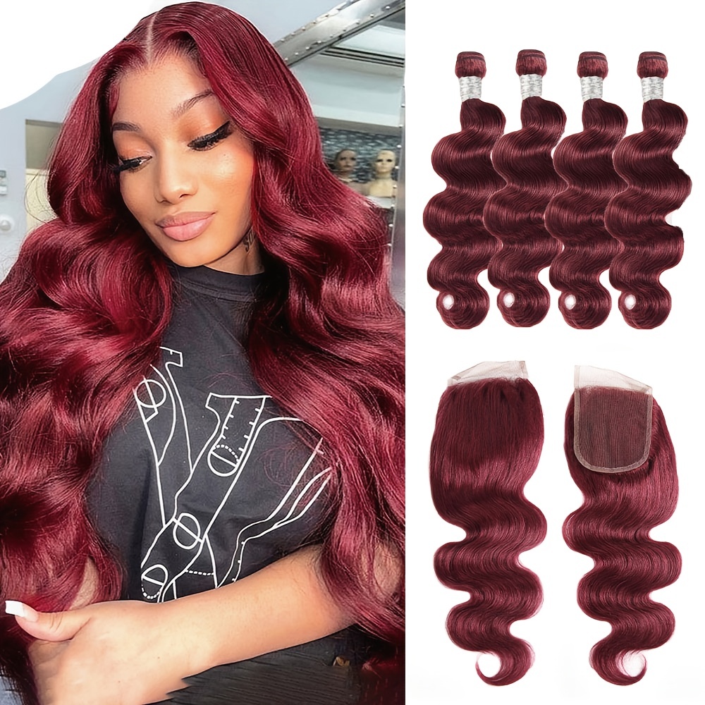 Pre-Colored Hair Weave Wine Red Human Hair Bundles With Lace Closure  -Alipearl Hair