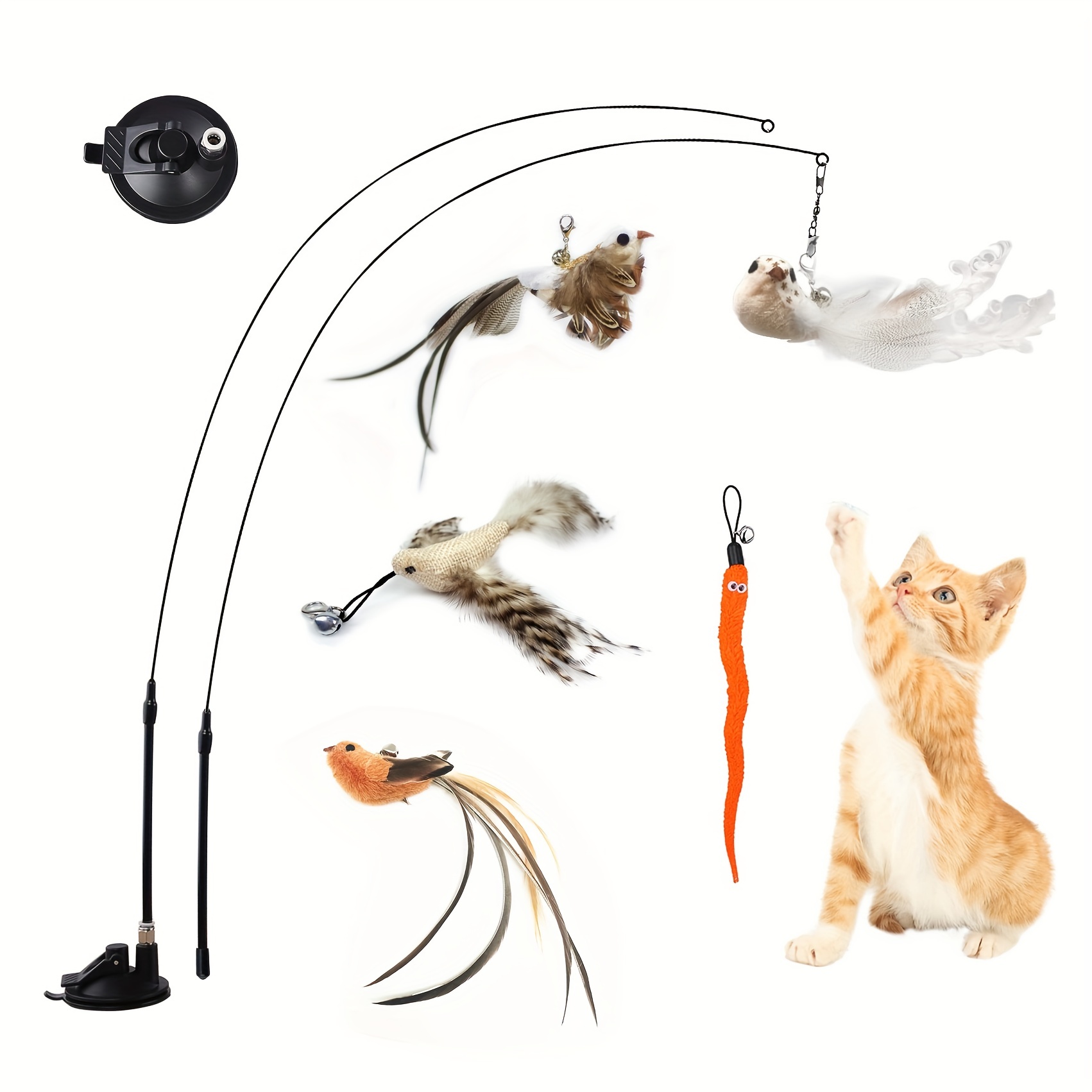 

Cat Teasing Stick Set Indoor Cat, Cat Stick Toy With Bell Stick Powerful Sucker, Interactive Cat Hands-free Bird Feather Toy Pet Supplies