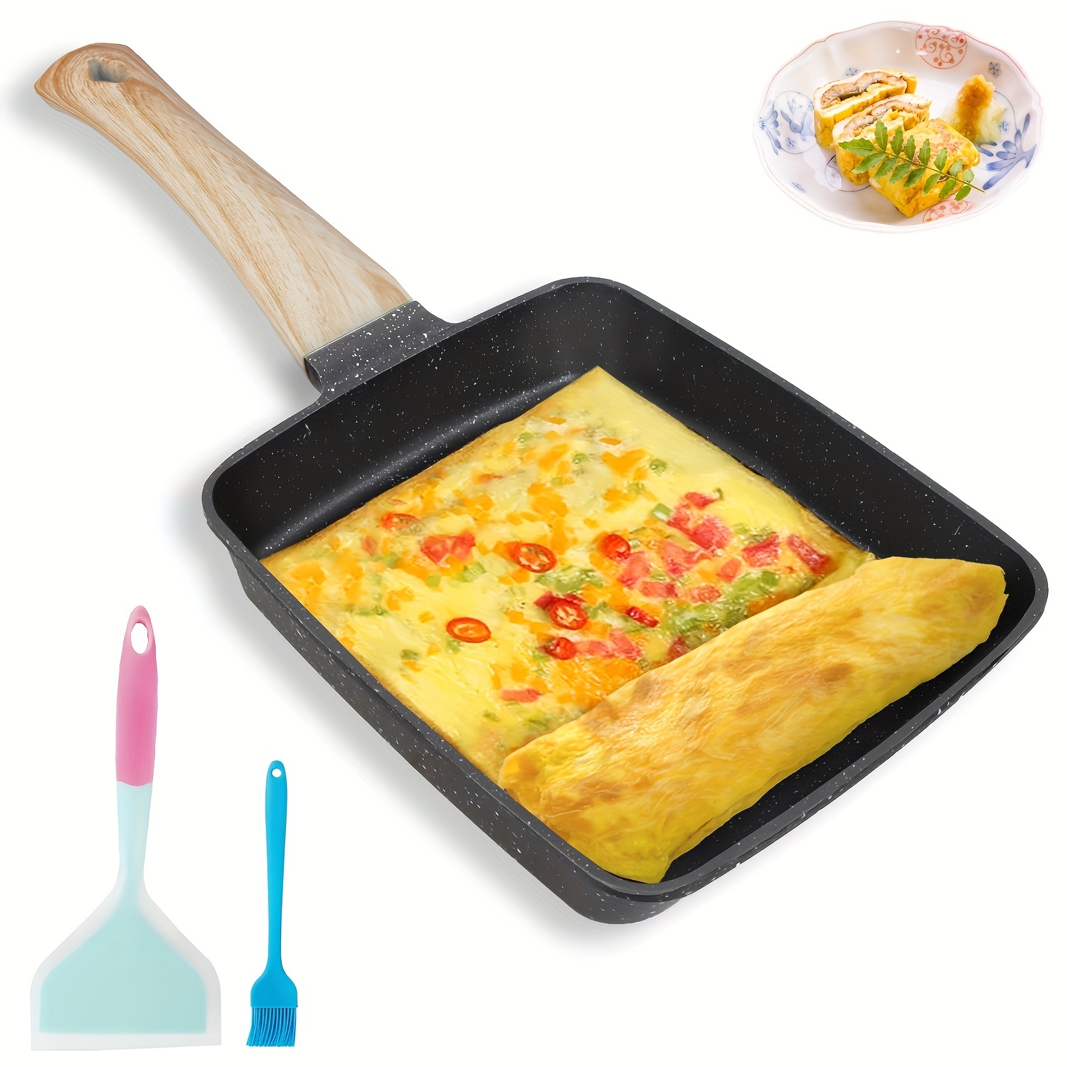 Tamagoyaki Pan Square Japanese Omelette Pan,Non-stick Egg Roll  Pan,Rectangle Frying Pan Wood Handle,with Silicone Brush & Solid Wood  Spetula,Grey